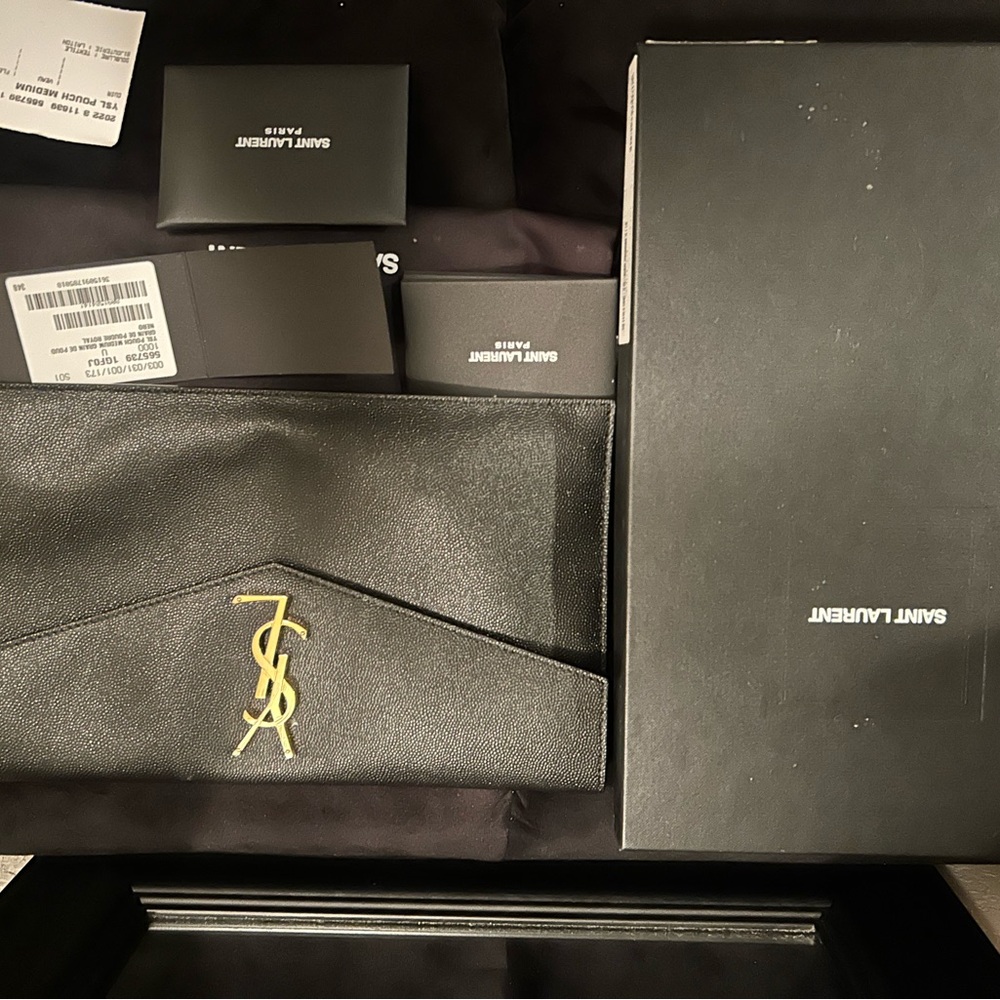 Saint Laurent Black Clutch with Gold Logo - Picture 4 of 5